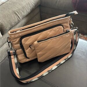 Think Royln Bank Street XL Crossbody with pouch and strap. Nude patent